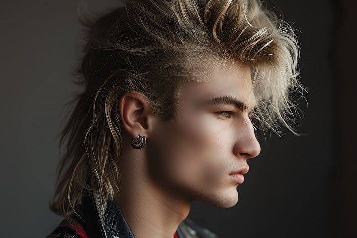 Fryzura mullet na męskich włosach. Mężczyzna blondyn pozujący z profilu