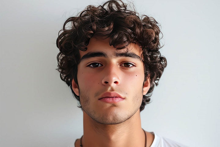 kręcone męskie włosy u młodego bruneta ubranego w biały tshirt