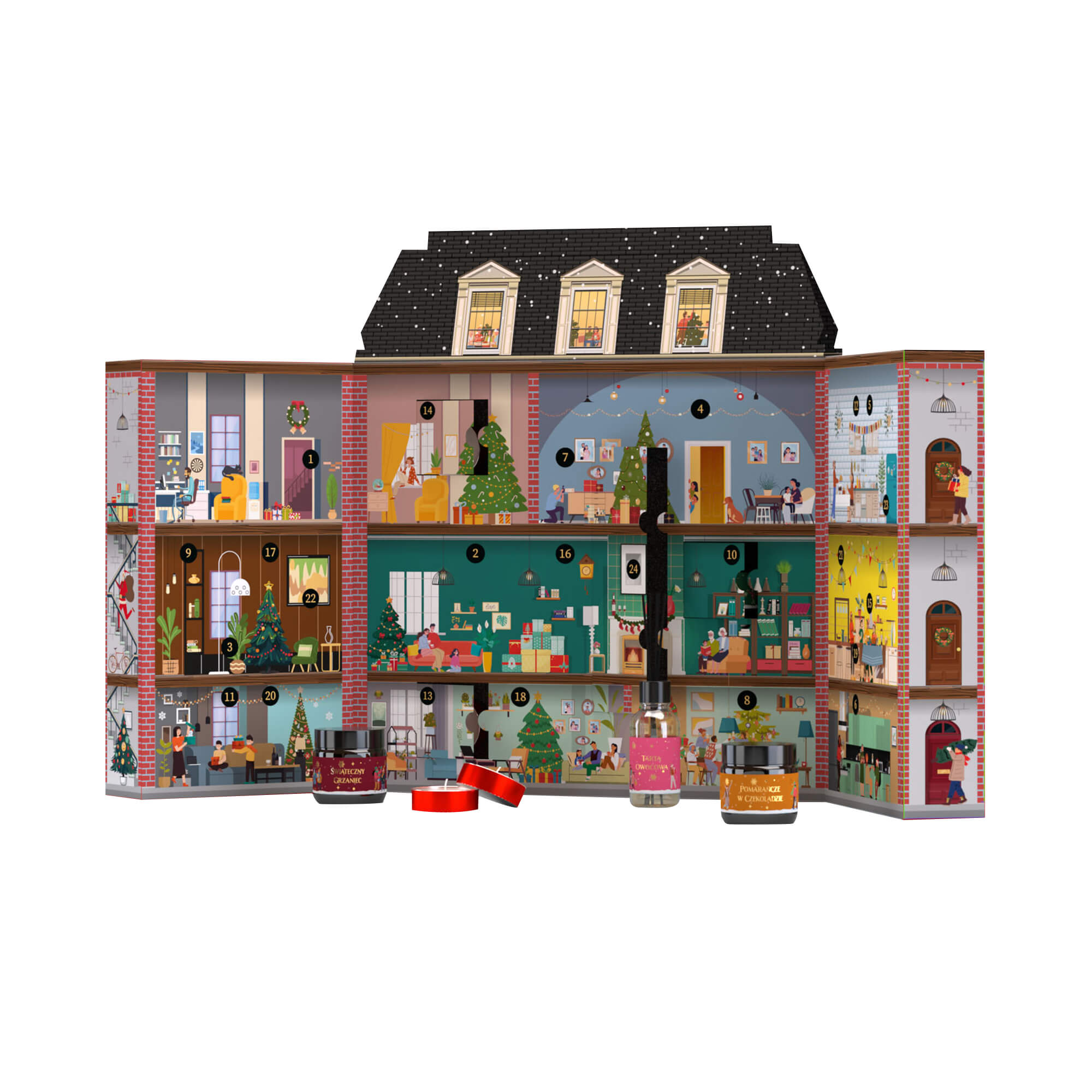 HISKIN MERRY CHRISTMAS HOME Kalendarz adwentowy ze świątecznymi świecami z motywem kamienicy, 24 okienka #2