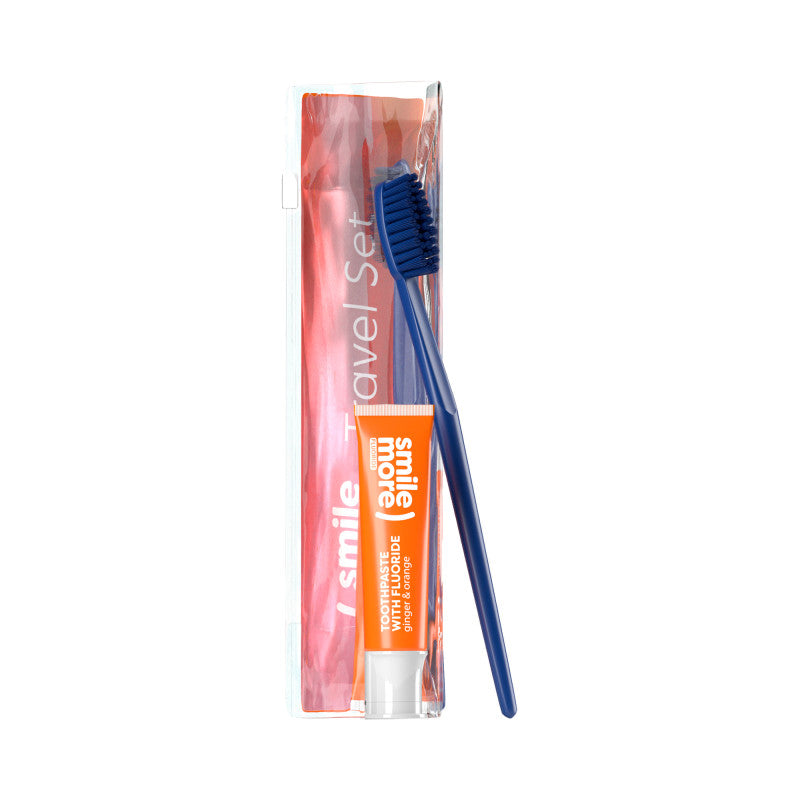 HISKIN DENTAL SMILE MORE Coffret de voyage, brosse à dents + dentifrice Orange et gingembre 30 ml