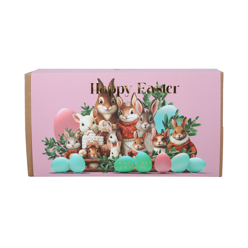 HISKIN HOME HAPPY EASTER Set mit drei Schokoladen-Sojakerzen Eier, Gartenparty, Hasenküsse 3x200ml