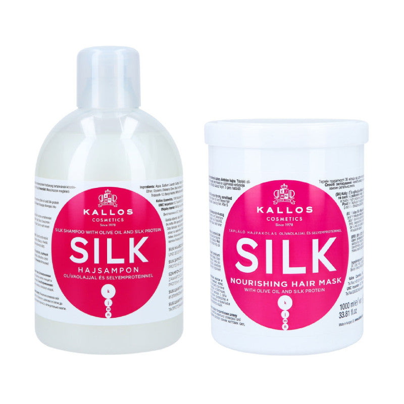 KALLOS KJMN Silk zestaw do włosów zniszczonych szampon 1000 ml + maska 1000 ml